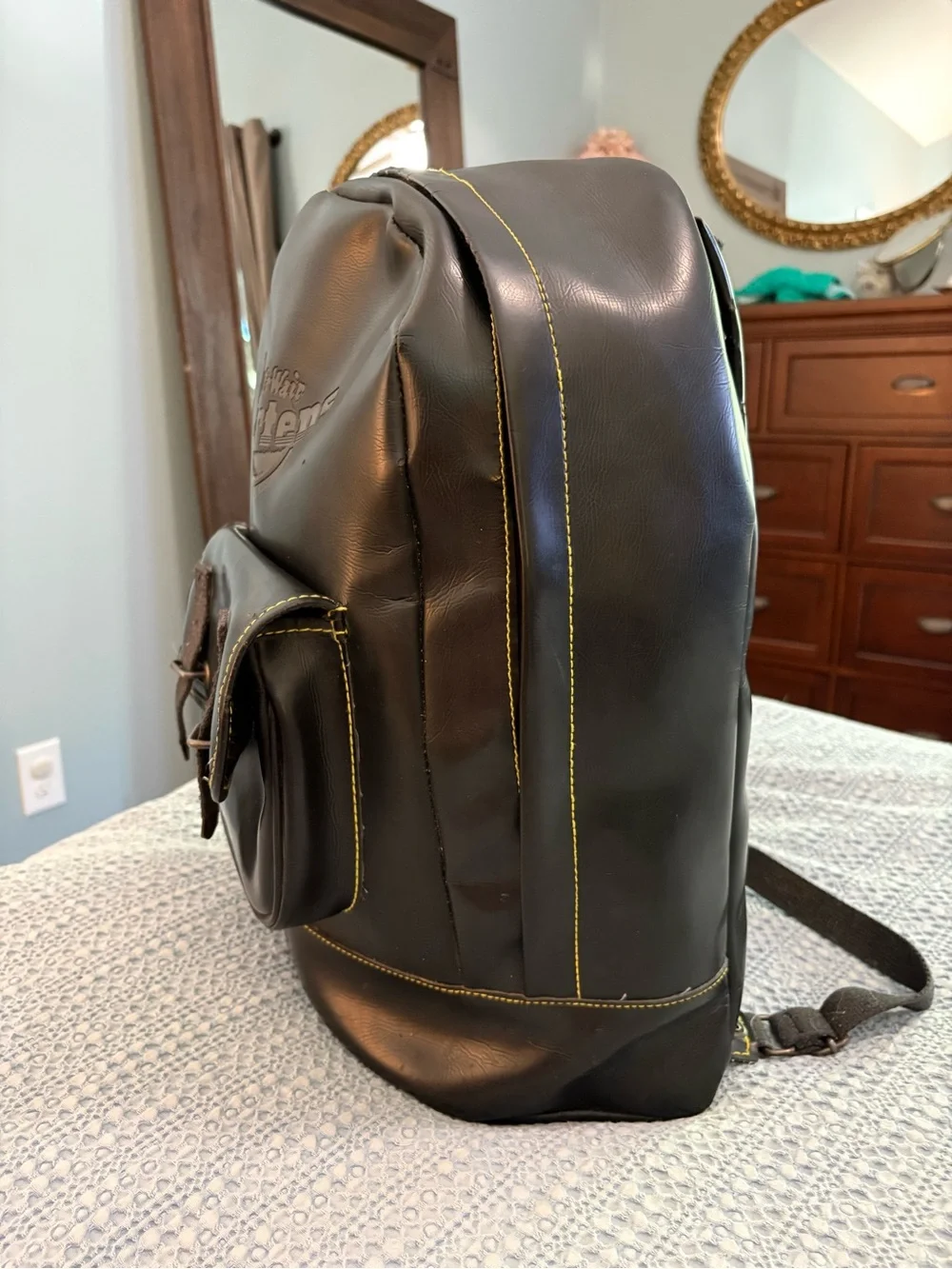 Rare Vintage Dr. Martens Black PVC Box Backpack Yellow Stitch Sole-Print Zipper